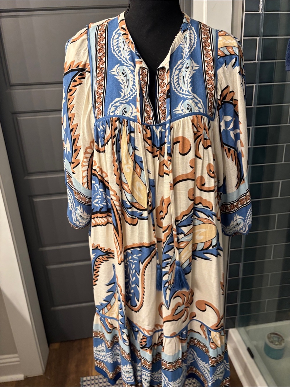 Umgee Cream, Blue & Tan Midi Dress - Picture 4 of 9